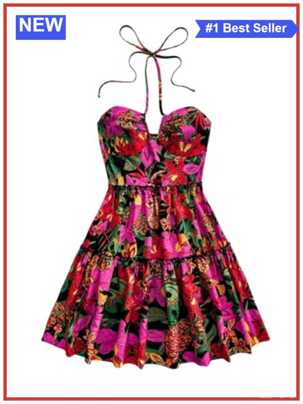 Floerns Floral Sleeveless Halter Neck Boho Mini Dress, Polyester Blend